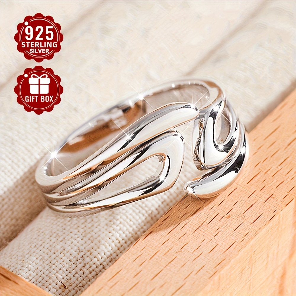 Women's 925 Silver Open Ring Hip Hop Geometric Line Adjustable Finger Ring